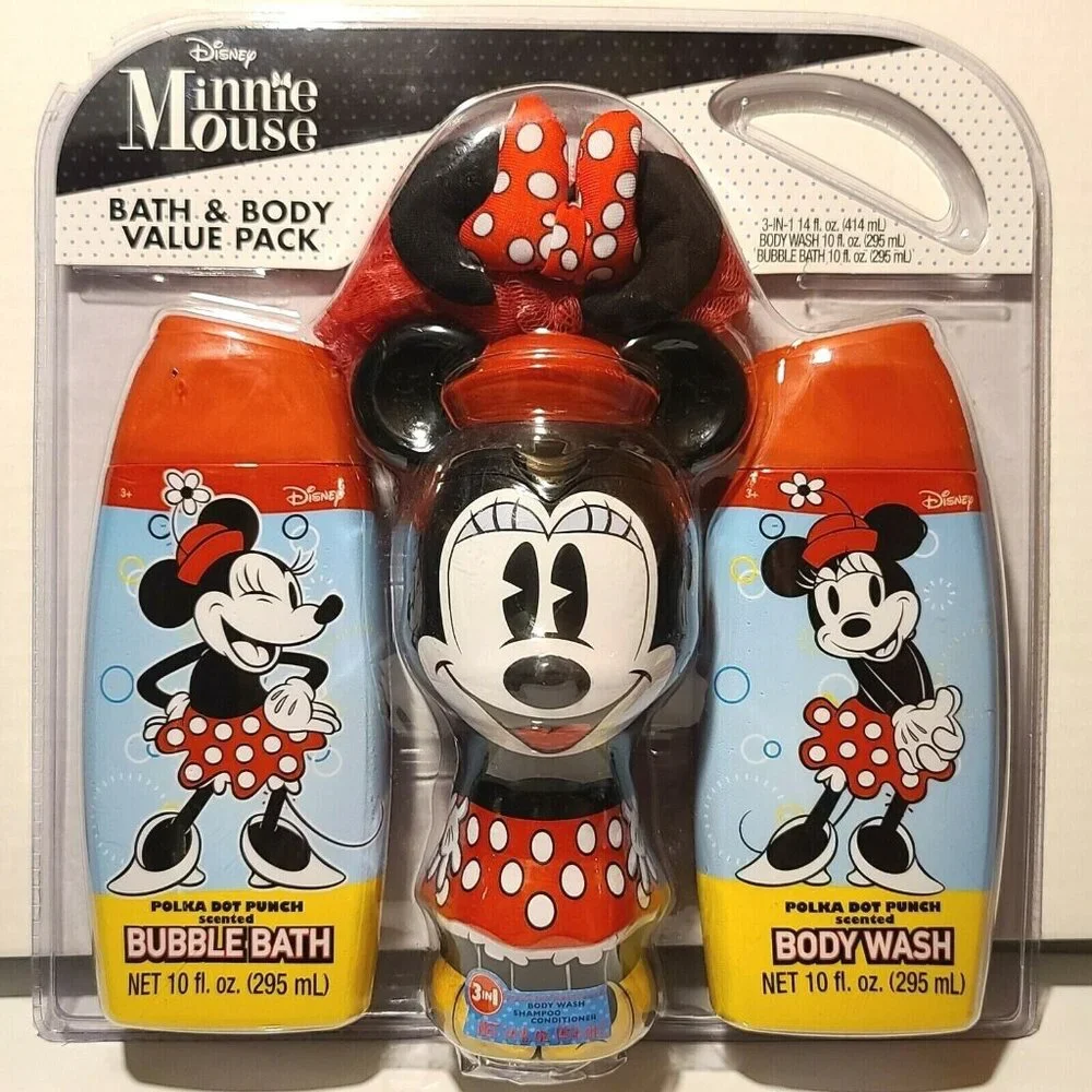 Disney Minnie Mouse 3 Pc Bath & Body Pack Wash, Bubble Bath, 3 in 1 Pouf NEW